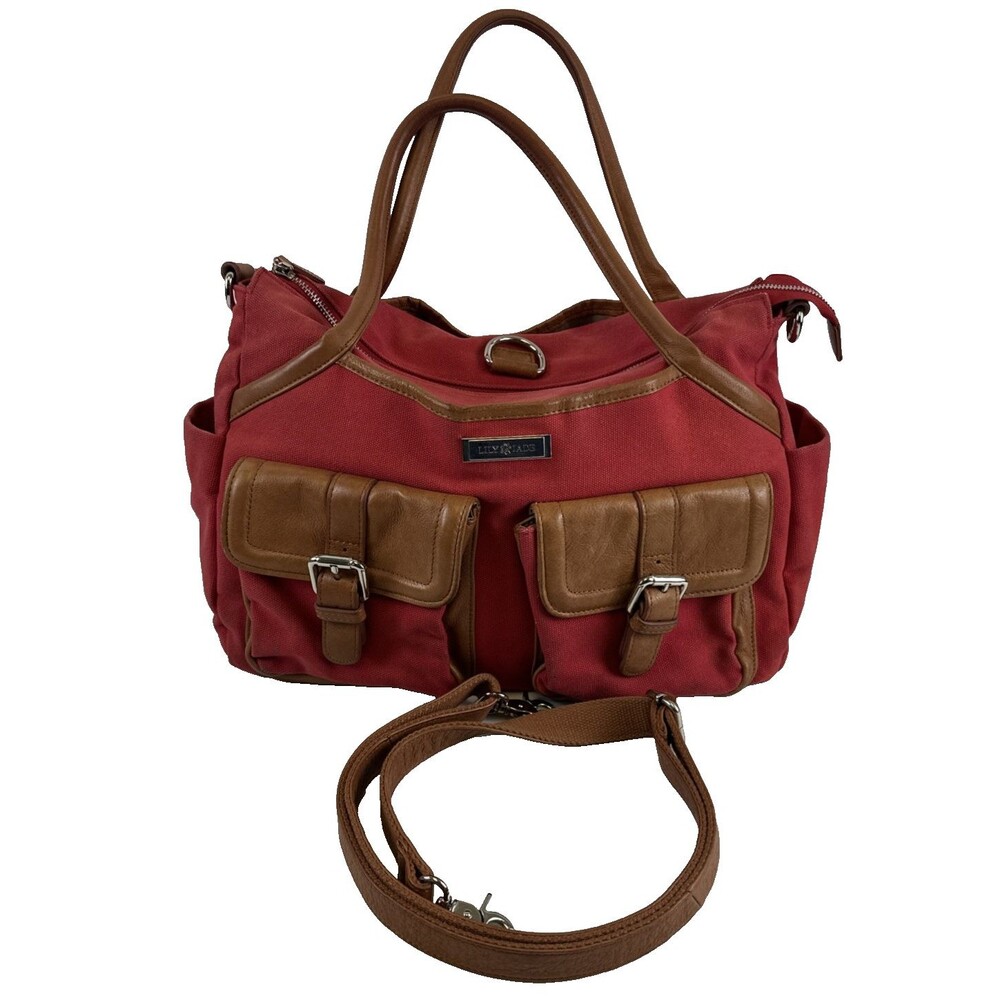 Lily Jade Elizabeth Diaper Bag Red Canvas Brown Leather Convertible Insert Large